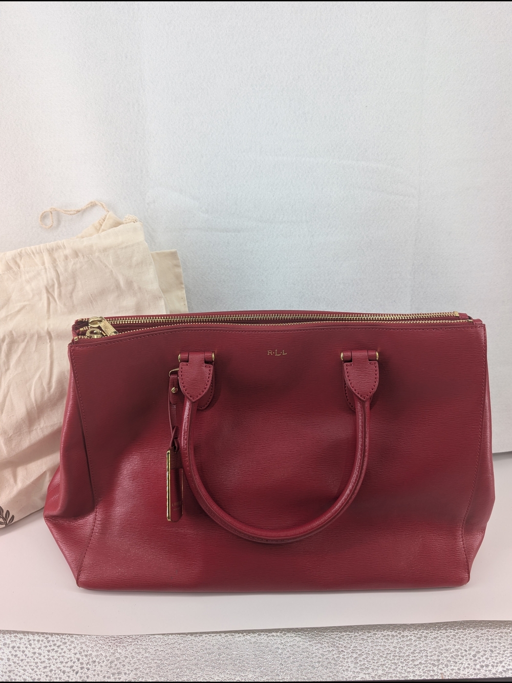 Lauren Ralph Lauren Newbury tote features gold hardware and engraved brand initi